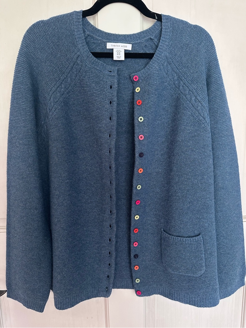 TABITHA WEBB womens XL Blue Lambswool Cardigan SWEATER Multi Button Preppy Artsy